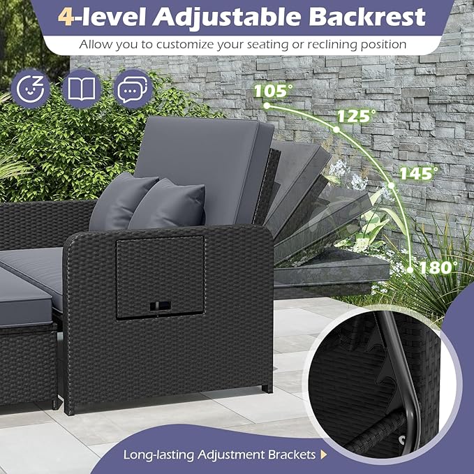 Tangkula Patio Rattan Daybed with 4-Level Adjustable Backrest, Outdoor PE Wicker Loveseat with Storage Ottoman & Folding Side Tray, Double Sunbed Lounger for Balcony, Backyard & Poolside (Grey)