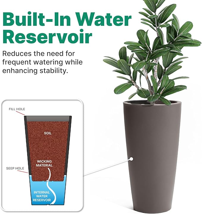 Step2 Tremont Tall Round Tapered Planter, 28" Tall 2-Pack, Indoor/Outdoor Plants, Efficient Drainage, Durable Resin, Dark Cedar