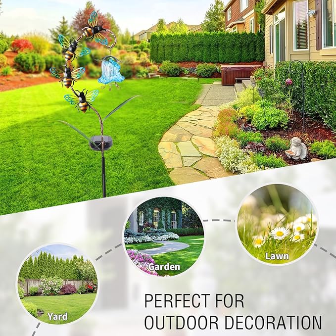 Afirst Decorative Solar Lights Outdoor Solar Bee Stake Light with Glass Flower Metal Decorative Garden Lights Outdoor Waterproof Stakes for Pathway Yard Lawn Decoration Mothers Day Mom Gifts