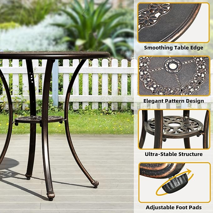 DWVO 25 Inches Round Patio Dining Table with Umbrella Hole, Antique Cast Aluminum Outdoor Bistro Table Outdoor Side Table for Backyard, Garden, Patio, Porch, Hammered Bronze