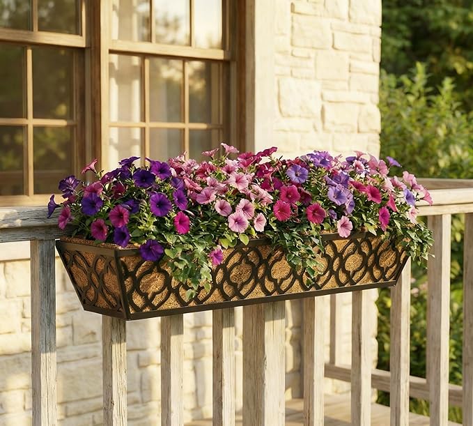 Y&M 30 Inch Window Deck with Coco Liner, Fence Metal Hanging Flower Planter Window Basket Deck Railing Planter Boxes for Outdoor Garden Lawn,6pcs