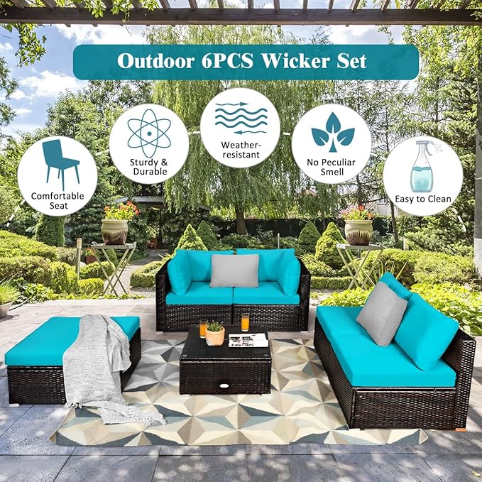 Tangkula 6 Piece Patio Furniture Set, Outdoor Deck Lawn Backyard Durable Steel Frame PE Rattan Wicker Sectional Sofa Set, Conversation Set with Coffee Table (Turquoise)