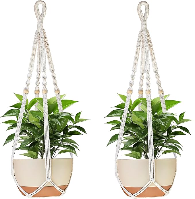 35 Inch Macrame Plant Hanger Indoor with Wood Beads and No Tassels,Strong Hanging Planter Flower Pot Holder for Indoor Outdoor Boho Home Decor,Set of 2,Ivory(Pots Not Included)