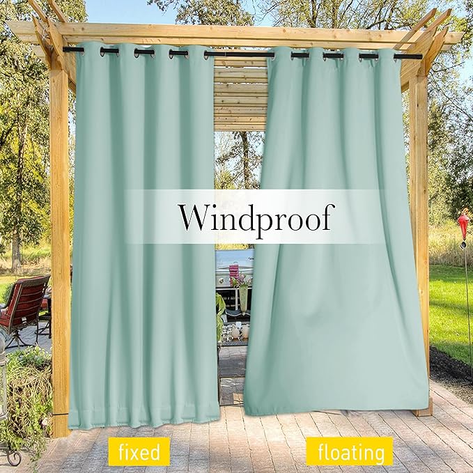NICETOWN 2 Panels Weighted Blackout Aqua Blue Outdoor Curtains for Patio Waterproof, Top & Bottom Grommet & Back Tab Fixed Windproof Drapes Thermal Insulated for Pool with Rope, W52 x L84