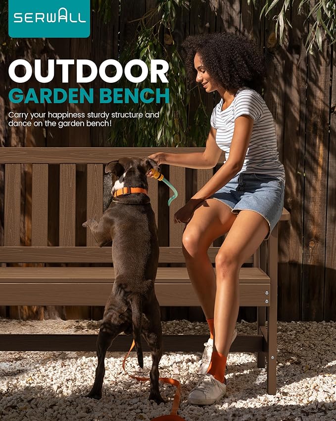 SERWALL Outdoor Bench, HDPE Outdoor Benches Weatherproof, 2-Person Garden Bench with 660 lbs Weight Capacity, Patio Benches for Outdoors, Garden, Porch, Backyard and Park, Brown