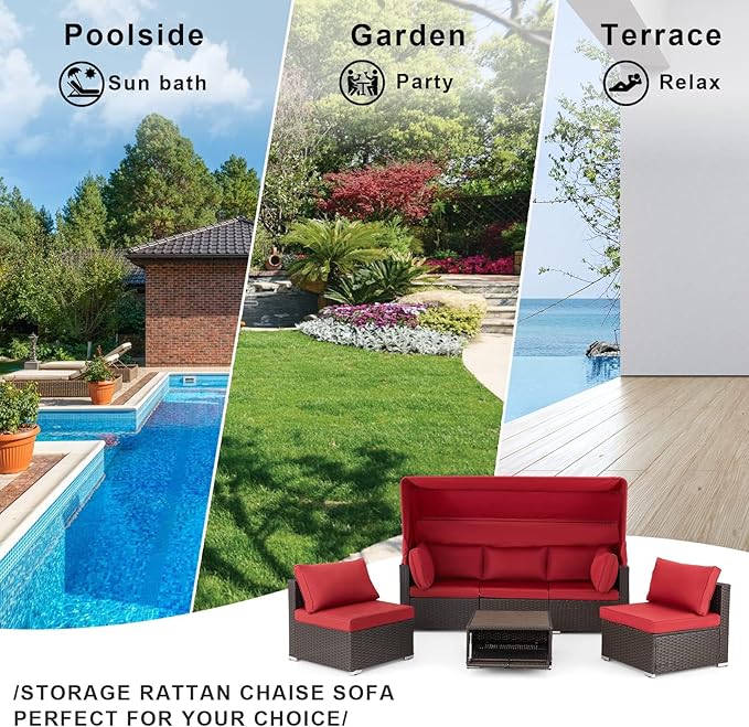 HOMREST 6 Pieces Patio Furniture Sets, Rattan Daybed with Retractable Canopy, Outdoor Sectional Sofa Set with Adjustable Backrest, Chaise Chair Sunbed for Garden Poolside Backyard(Red)