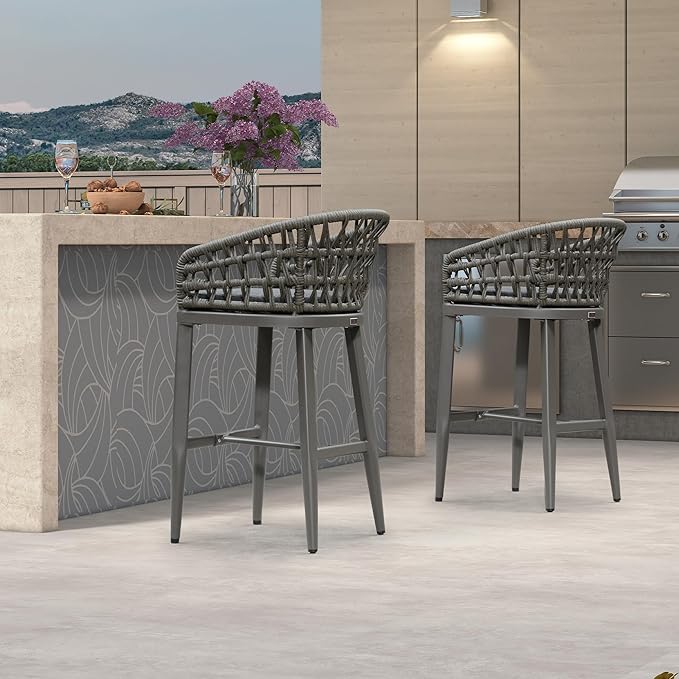 PURPLE LEAF Outdoor Rattan 29" Bar Stools Set of 2, Modern Boho Aluminum Patio Bar Height Chair with Cushion and Back for Garden Outdoor and Indoor, Smoke Grey