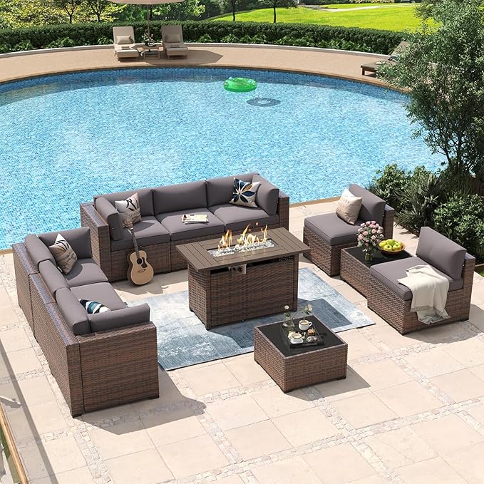 Aoxun 11 Piece Patio Furniture Set with 44” Fire Pit Table Wicker Rattan Outdoor Sectional Sofa Set with Coffee Table and Thickened Cushions, Gray (Waterproof Cover Included)