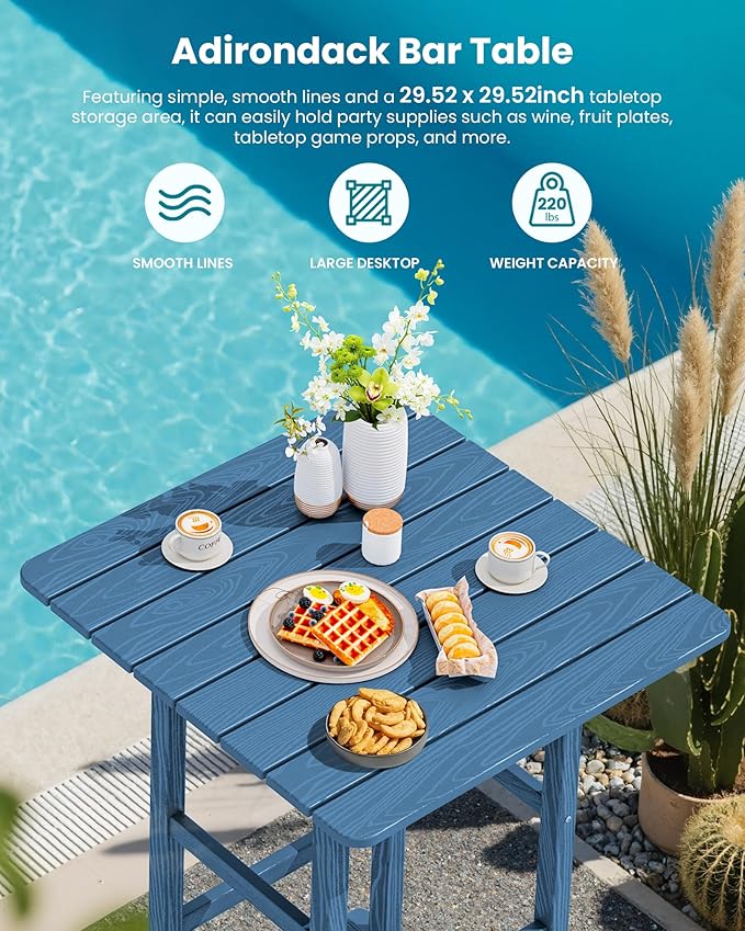 SERWALL 5-Piece Adirondack Bar Chair Set, HDPE Adirondack Barstools with Pub Table, Outdoor Patio Bar Furniture for Bistro, Balcony, Poolside, Garden - Blue