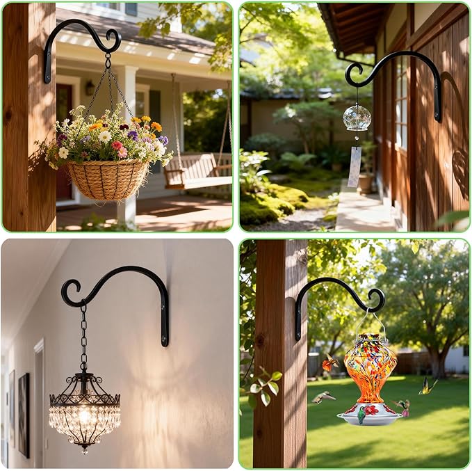 BOLITE Plant Hangers Outdoor Indoor, 8 Inch Wall Plant Hooks, Metal Bird Feeder Hanger for Hummingbird Feeders, Planters, Lanterns, Wind Chimes, Home Decor, 2 Pack, Black, Gifts for Women Men