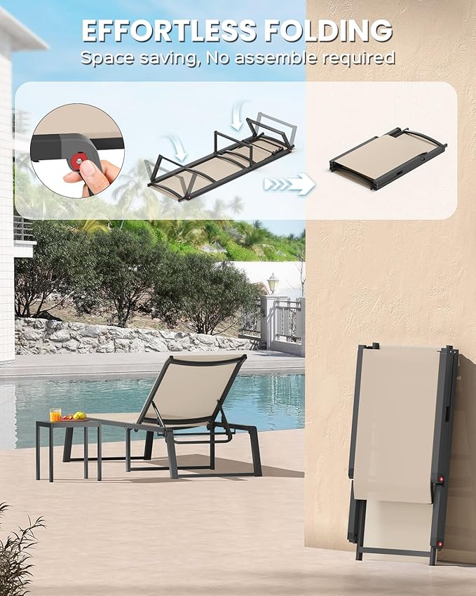 Aluminum Chaise Lounge Outdoor Set of 2, Foldable & No Assembly Patio Pool Lounge Chairs 5-Position Recliner for Outside Poolside, Fully Grounded Legs Sun Lounger for Pool, Beach, Yard, Khaki