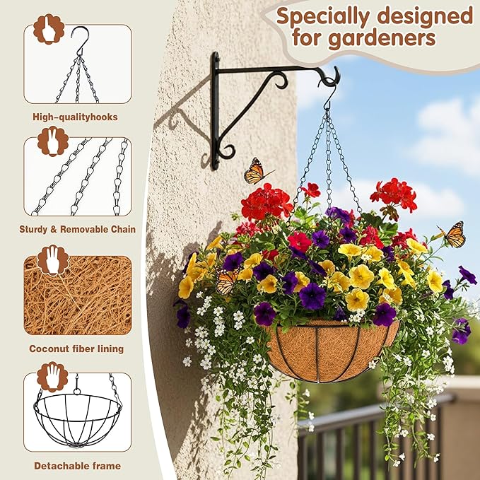 Metal 10 inch Round Planter, 4 Pack Hanging Wire Basket with Coco Fiber Liners, for Outdoor Plants Decoration
