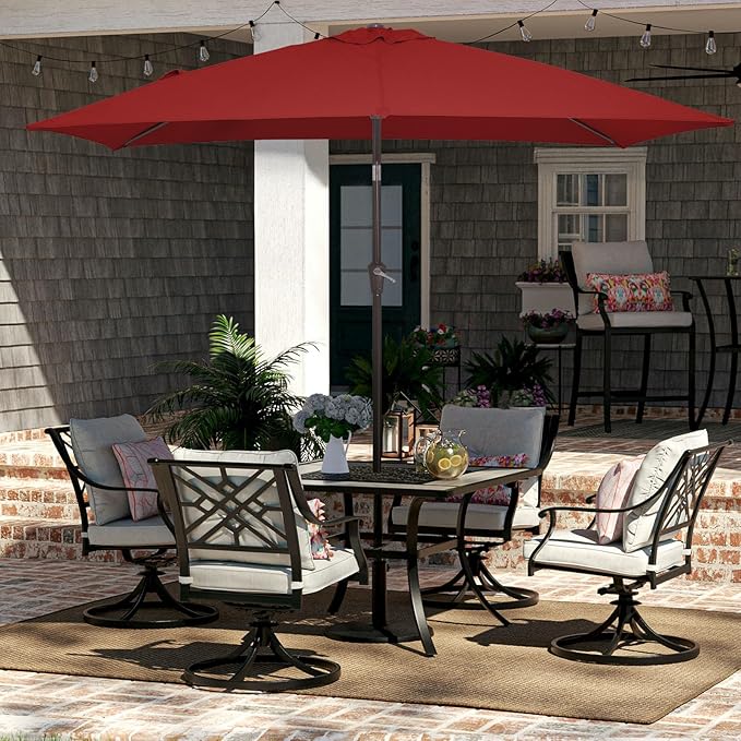 JEAREY 6.5x10 ft Rectangular Patio Umbrellas Rectangle Outdoor Umbrella with Push Button Tilt and Crank, Market Table Umbrella 6 Sturdy Ribs UV Protection for Poolside Garden Backyard Deck, Red