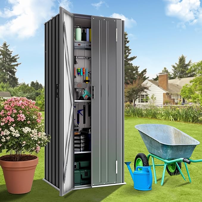 Greesum Outdoor Metal Storage Cabinet, 69'' Lockable Tall Shed, Vertical Tool Organizer with 2 Adjustable Shelves, for Garage, Patio, Backyard, Home & Lawn, Black