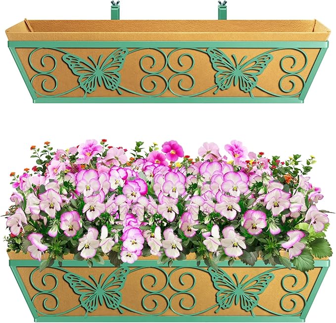 2 Pack 24 Inch Window Boxes Planters Railing Planter Box with Adjustable Brackets for Porch Fence Patio Balcony Hanging Flower Baskets with Woven Fabric for Outdoor Garden Decor - Green