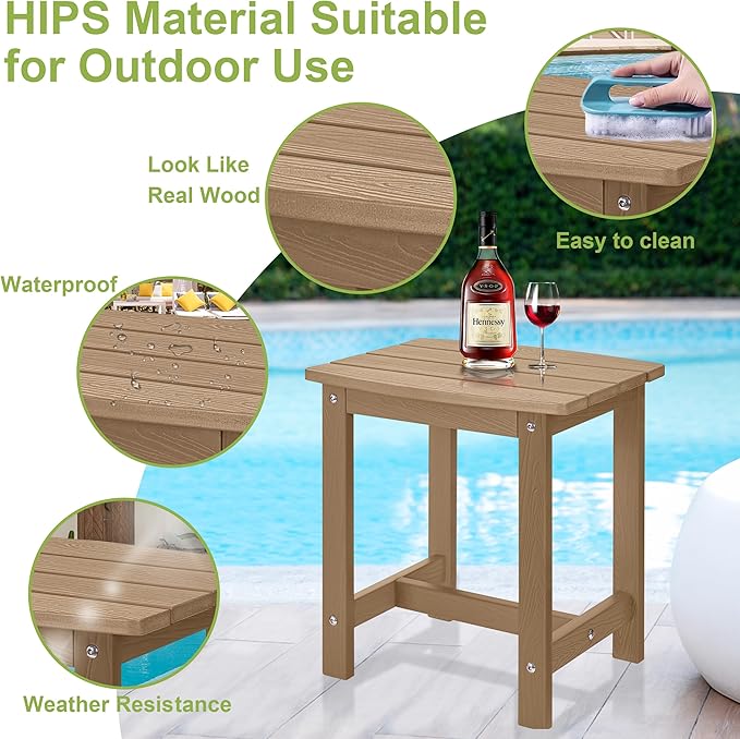 Y&M Outdoor Side Table, HIPS Adirondack Small Single Table, Waterproof Square Outside Table, Balcony Modern End Tables for Patio, Pool, Beach, Porch, Deck, Indoor or Outdoor Use, Brown