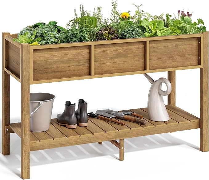 YITAHOME Raised Garden Bed Outdoor HDPE with Shelf, 48x18x30in Poly-Wood Weather-Resistant Elevated Planter Box with Legs for Vegetable Flower, Herb Garden Bed for Backyard Balcony Garden, Brown