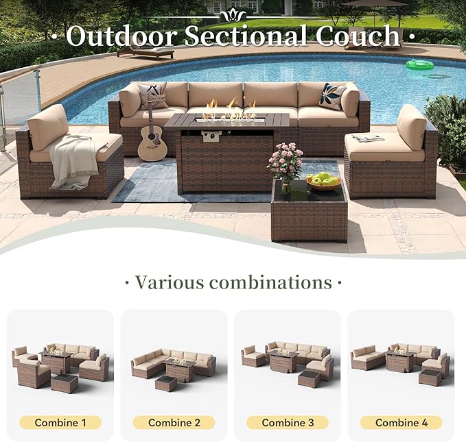 Aoxun 8 Piece Patio Furniture Set with 44” Fire Pit Table Wicker Rattan Outdoor Sectional Sofa Set with Coffee Table and Thickened Cushions, Beige (Waterproof Cover Included)