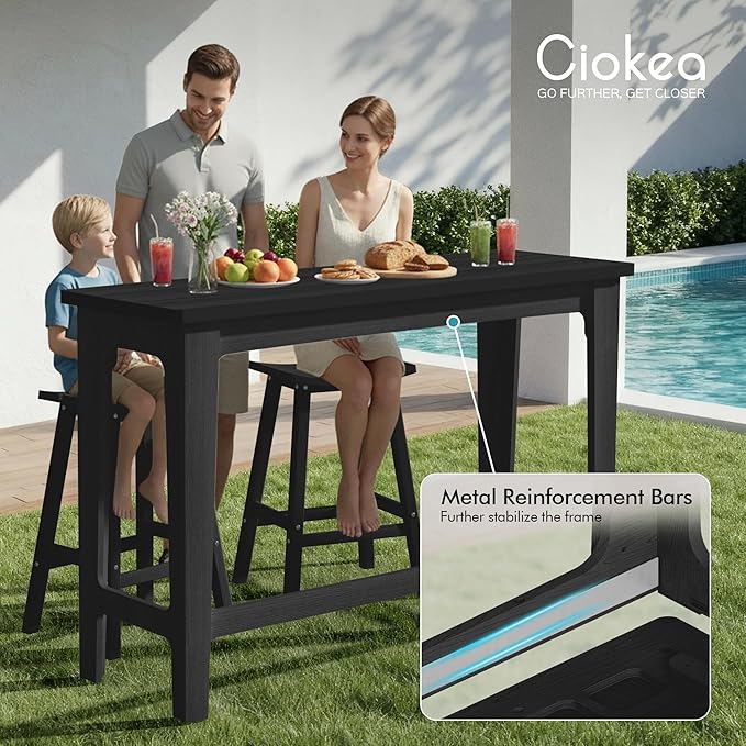 Ciokea 3 Pcs Outdoor Bar Height Table and Stools Set, 60" Extra Long Rectangle High Top Table and 2 Backless Bar Stools, Heavy-Duty All-Weather HDPE Patio Bar Set for Backyard Balcony Deck, Black