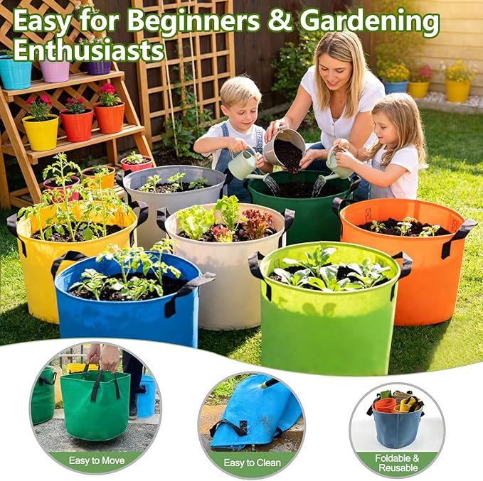 Grow Bags, 7 Pack Colorful 10 Gallon Grow Bags, Reusable Fabric Grow Bags, Foldable & Washable for Vegetables, Tomato Pots, Garden & Outdoor Growing