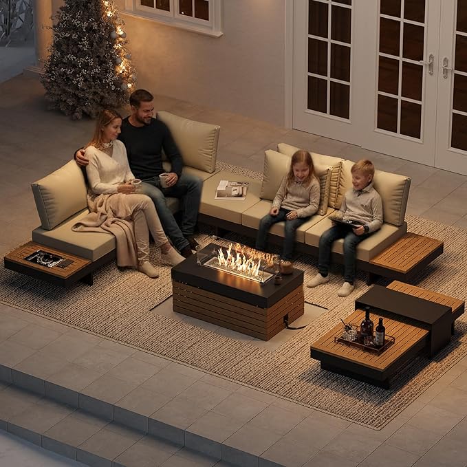 homary Patio Conversation Sets with Fire Pit-Modular Outdoor Sofa Aluminum & Teak Outdoor Sofa Se with Glass Wind Guard Ideal for Patios & Balconies, 6 Pepole, Beige