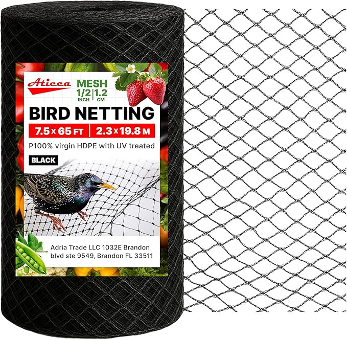 Heavy Duty Bird Netting for Garden Protection & Fruit Trees, 7.5x65 Ft with 10 Stakes – Black Anti-Bird Net for Poultry, Deer, & Squirrel Protection, Durable Nylon Mesh for Garden and Yard Use
