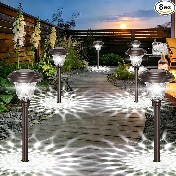 BEAU JARDIN 8 Pack Solar Pathway Lights Outdoor Solar Powered Waterproof Glass Christmas Gift High Lumen for Garden Landscape Path Yard Walkway Driveway White Color Changing Bronze