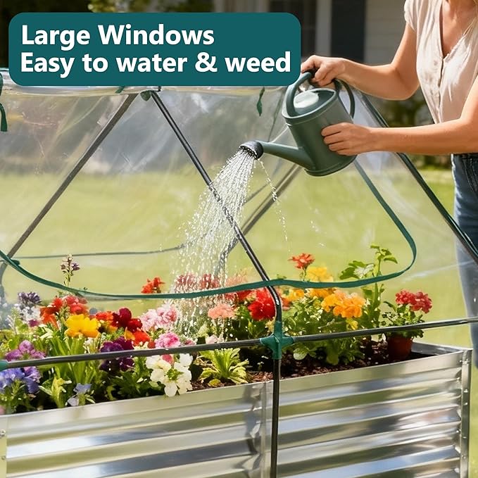DUMOS Raised Garden Bed with Cover, 6x3x2ft Planter Box Outdoor for Deep-Rooted Herbs/Flowers/Vegetables, Large Metal Garden Bed Mini Greenhouse for Patio, Balcony and Backyard, Silver