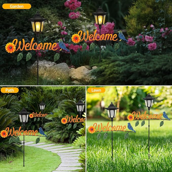Lewondr Solar Garden Lights Hummingbird, 36.6 Inch Solar Lamp Post Light with Welcome Sign & Hummingbird, Outdoor Waterproof Solar Stake Lights for Yard Porch Patio Pathway Gardening Gifts, 2 Pack