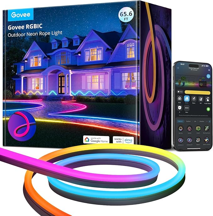 Govee Outdoor Neon Rope Lights, 65.6ft RGBIC IP67 Waterproof Outdoor Decorations with 64 Scene Modes, Music Sync, Flexible LED Lights, Neon Lights Work with Alexa, Google Assistant