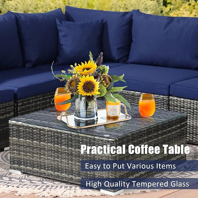 Tangkula 7 Pieces Wicker Patio Furniture Set, All-Weather Outdoor Rattan Sectional Sofa Set with Cushions & Tempered Glass Coffee Table, Outside Sofa Set for Garden, Lawn, Deck, Backyard (Navy)