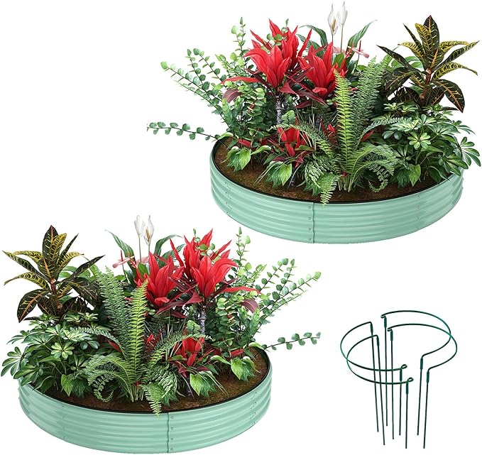 Galvanized Metal Planter Round Raised Garden Bed Kit for Gardening Outdoor，3x3x1ft 2PC Grow Garden Box Raised Flower Bed，Round Galvanized Planter Outdoor Large Metal Fire Pit Ring Green