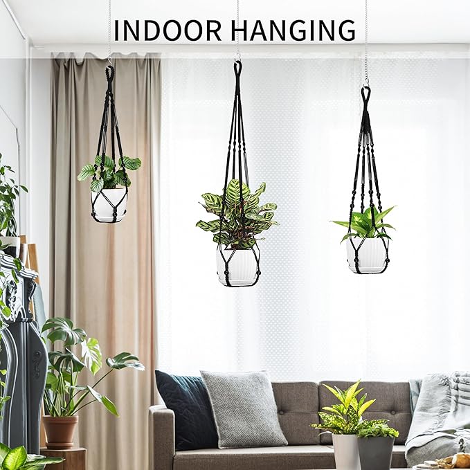 Macrame Plant Hanger - Fits 4 to 15 inches Pots for Indoor Outdoor, 43"/35"/29" Different Sizes Set, Black (POTS NOT Included)