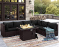 NICESOUL 7 Piece Outdoor Patio Furniture Set with Fire Pit Table Natural Gas/Propane, Tall Wide Deep Sectional Couch Sofa for Outside, 29.3'' High Back Backyard Sitting, Brown Rattan and Black Cushion