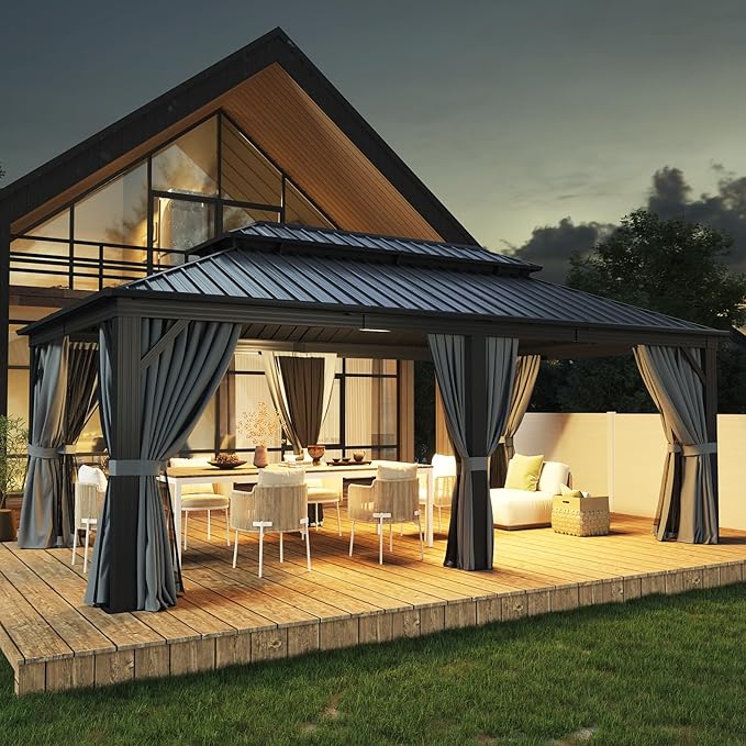 Aoxun 12' X 20' Hardtop Gazebo, Galvanized Steel Double Top, Aluminum Metal Gazebo with Curtains and Netting, Permanent Canopy Pavilion for Wedding, Party, Outdoor Dining