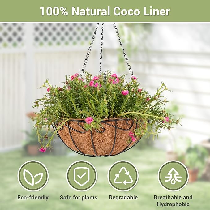 2 Pack 14 inch Metal Hanging Baskets for Plants Outdoor, Hanging Planters Basket with Coco Liners, Hanging Baskets Flower Pots for Garden, Patio, Deck, Porch Plants