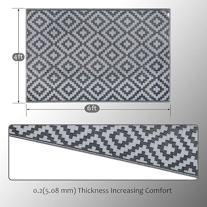 SAND MINE Waterproof Outdoor Rug 4x6 ft, Reversible Mats, Modern Area Rug, Large Floor Mat and Rug for Outdoors, RV, Patio, Backyard, Deck, Picnic, Beach, Trailer, Camping, Black & Grey Lattice