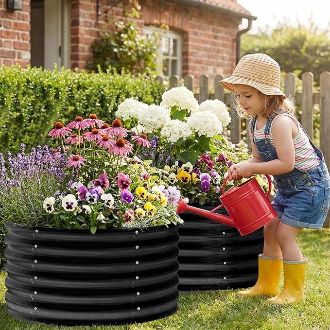 AHEONLAR 2 Pack 2x2x1.5ft Round Galvanized Raised Garden Bed Outdoor Metal Planter Box for Vegetables Steel Raised Beds for Gardening Black