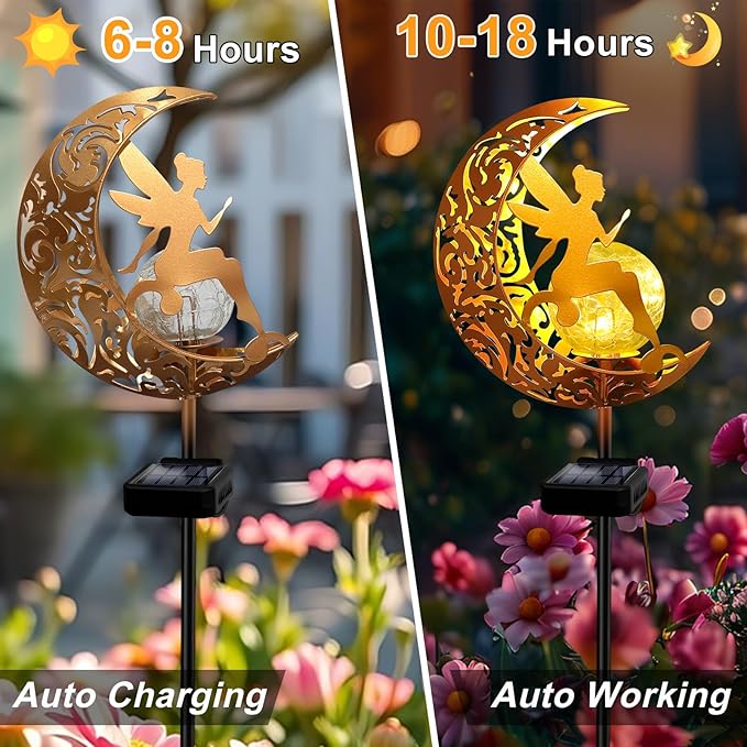 YJFWAL 2 Pack Garden Solar Lights Pathway Stake Lights Moon Fairy Glass Globe with Angel Decor, Birthday Christmas Gift for Mom Grandma Friends, Outdoor Decor Light Waterproof for Walkway, Yard, Patio