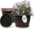 Usocik 4 Pack 10 Inch Retro Plant Pots, Vintage Striped Flower Pots with Drainage Hole & Saucer, Large Plastic Planters for Indoor and Outdoor Plants, Decorative Garden Pots(Copper)