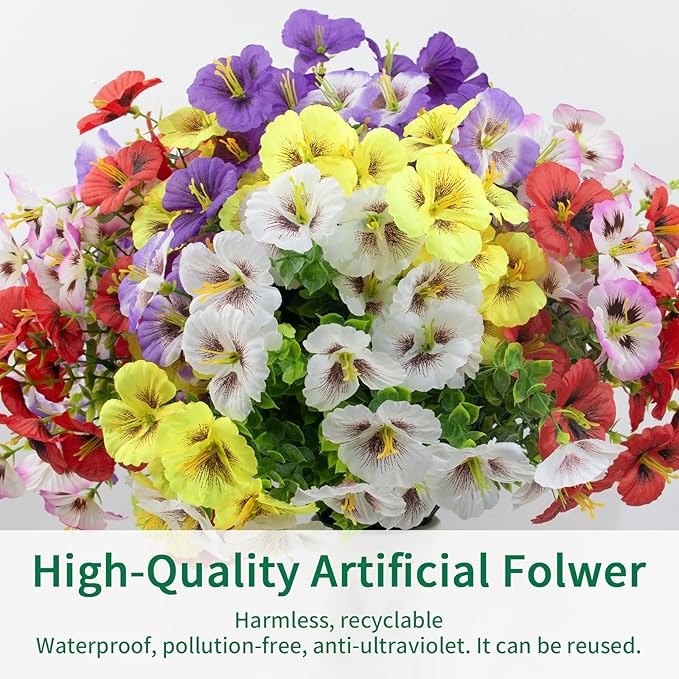 24 Bundles Artificial Pansy Flowers for Outdoor, Faux Silk Pansies Spring Flowers Outside for Planter Front Door Porch Patio Yard Window Box Home Decor (Purple, Yellow, White,Red)