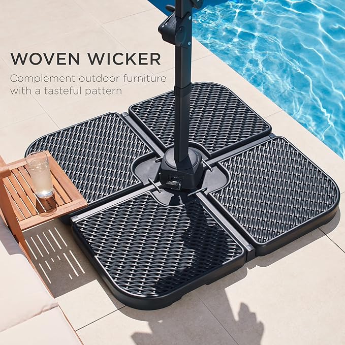 Best Choice Products 4-Piece 174lb Capacity Faux Wicker Cantilever Offset Patio Umbrella Stand Heavy-Duty Square Plate Set w/Easy-Fill Spouts for Water or Sand