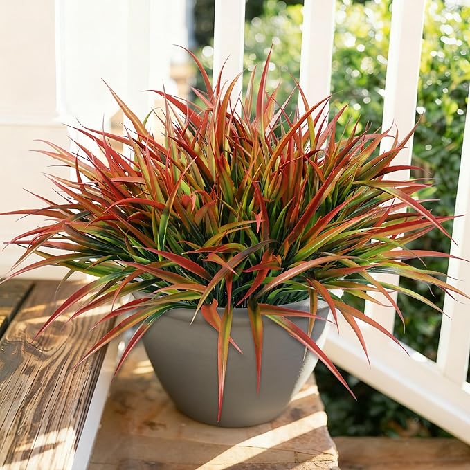 Ivydale 12Pcs Fake Plants Outdoor Artificial Plastic Grass Spring Decoration UV Resistant Faux Greenery Stems Bushes Outside Fake Plants for Planters Patio Porch Window Box Pathway Garden Home Decor