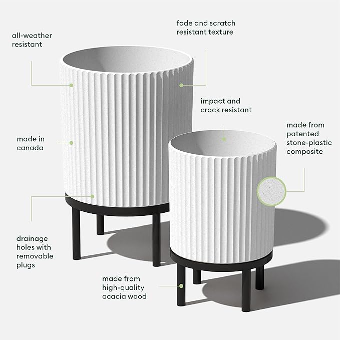 Veradek Demi Series Round Planter w/Stand for Porch/Patio | Durable Plastic-Stone Composite & Wooden Stand | Modern Décor for Tall Plants, Flowers