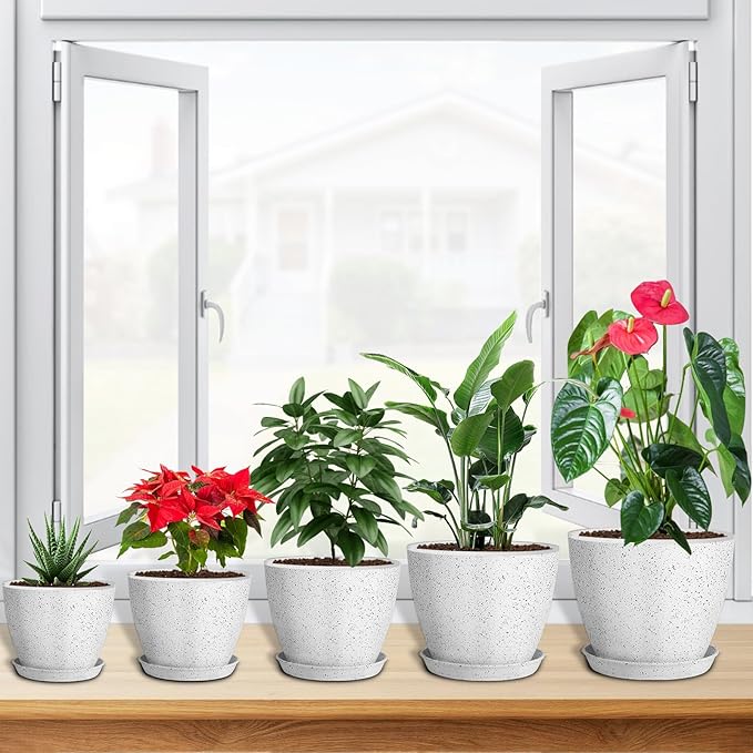 5 Pcs Plant pots, 7.5/6.5/5.7/4.9/4.1 inch Pots for Plants, Flower Pot Indoor Modern Decorative Plant Pot, Plant Pots Indoor with Drainage and Saucer for All House Plants, Spray Spots