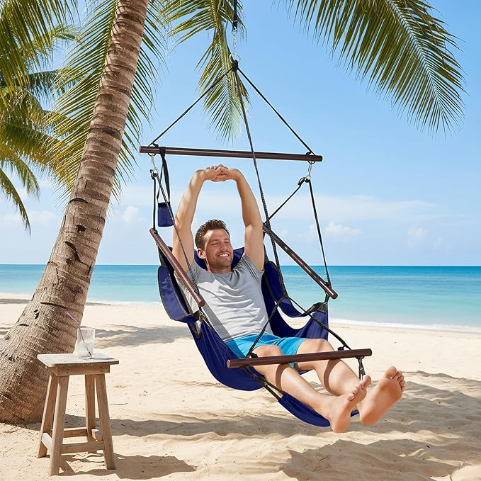 ONCLOUD Upgraded Unique Hammock Hanging Sky Chair, Air Deluxe Swing Seat with Rope (Navy Blue)
