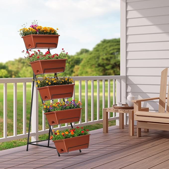 YBING Vertical Garden Bed 5 Tier Vertical Raised Garden Planter Standing Herb Garden Planter Tiered Flower Planter Boxes for Outdoor Plants Brick-Red