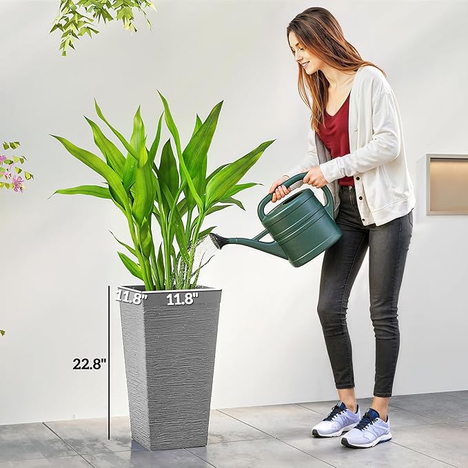 Outsunny 22.8 Inch Tall Planters for Outdoor Plants, Set of 3 Plastic Flower Pots with Stone Finish and Wheels, Stackable Tapered Planters with Drainage Hole for Indoor Plants, Front Porch, Gray