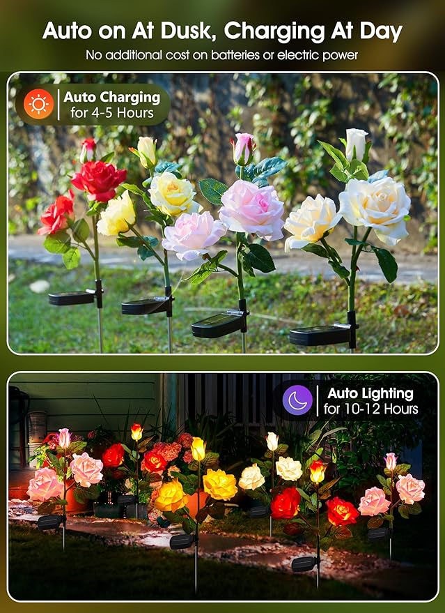 Brightown Outdoor Solar Garden Lights - 4 Pack LED Flower Lights with Realistic Rose, Bigger Solar Panel, Waterproof for Yard & Patio Decorations