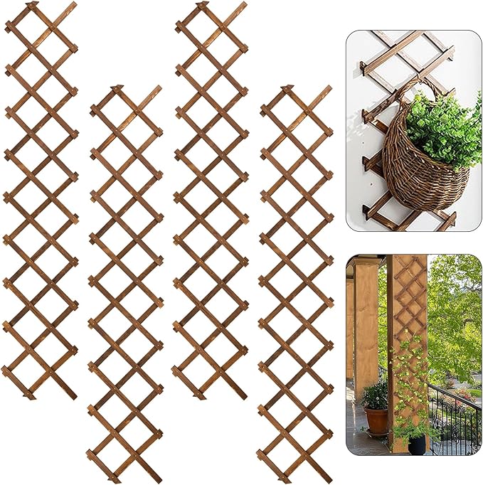 Pack of 4 Extra Thick Wooden Wall Trellis - Expandable Wall Planter Lattice Panels for Climbing Plants, Hanging Vertical Plant Support Fence Frame Outdoor Indoor for Balcony Patio Garden Room